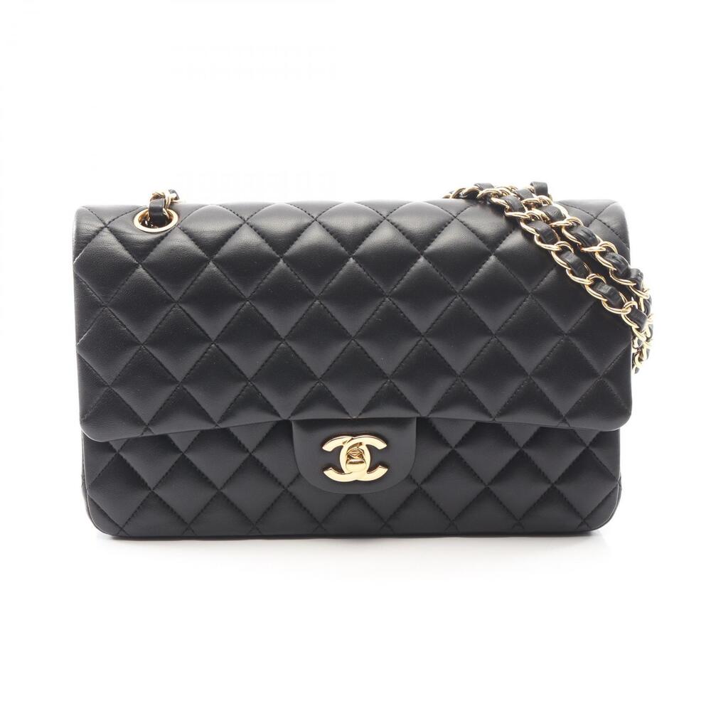 Chanel Matelasse Double Flap Shoulder Bag Lambskin Sheepskin Black
